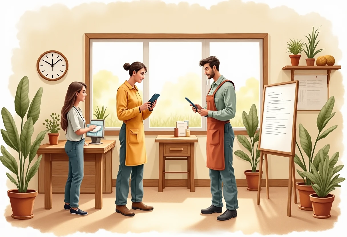 Customer service roles in a warm office setting