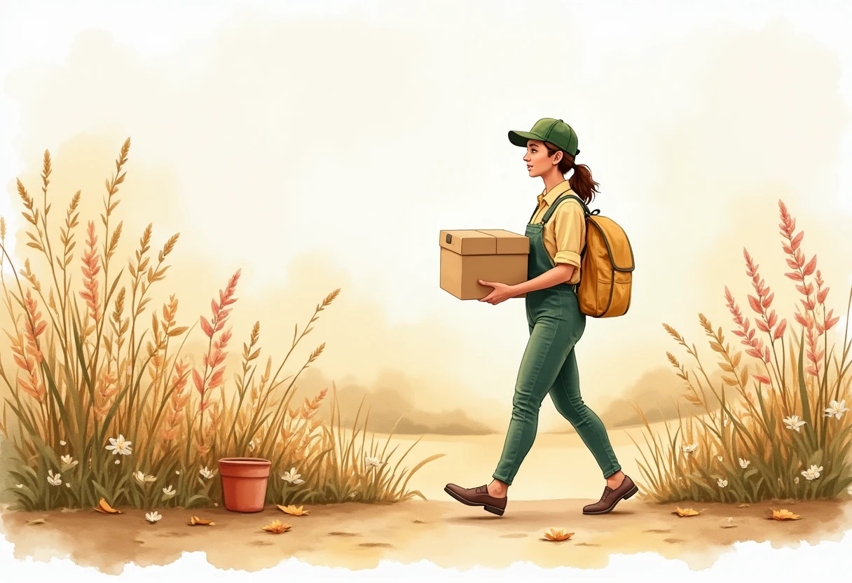 Delivery worker navigating a garden path