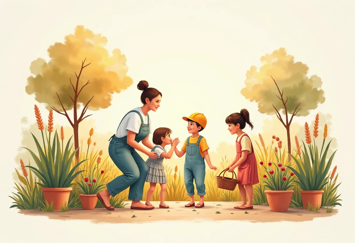 Playful childcare scene in a garden