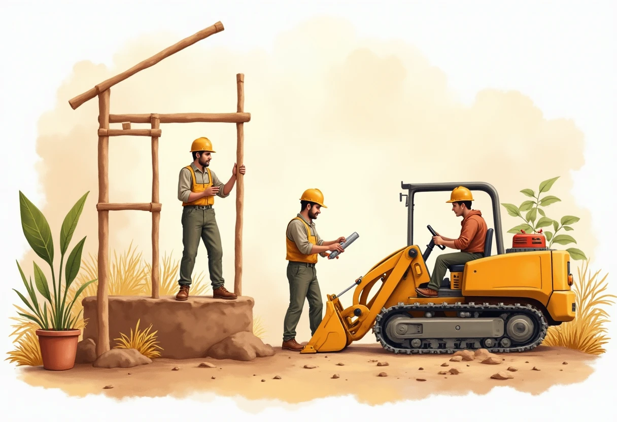 Construction workers operating machinery at a site