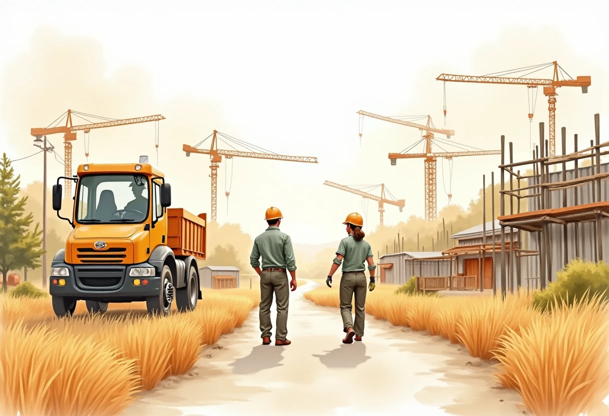 Construction site with workers and cranes