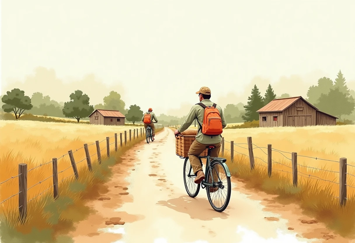 Curier pe bicicletă în peisaj rural