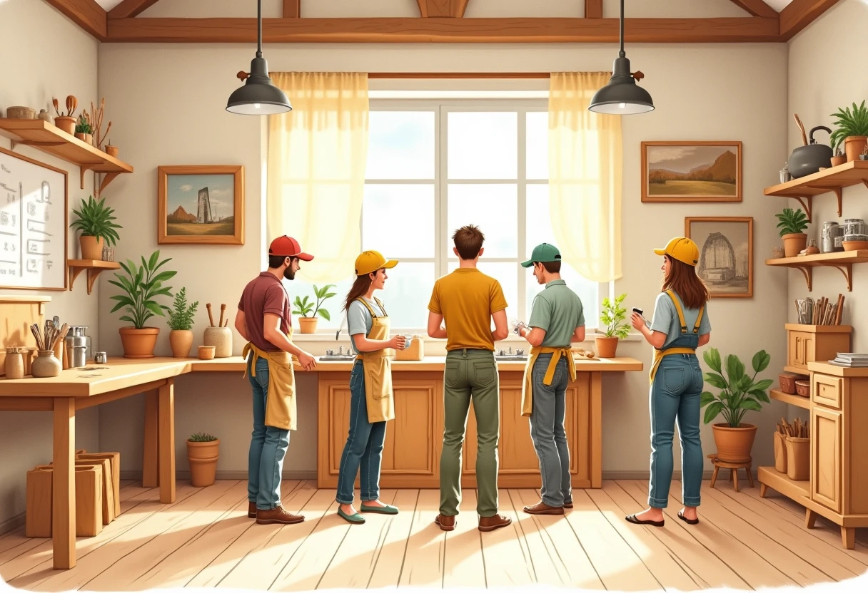 Apprentices learning carpentry in a workshop